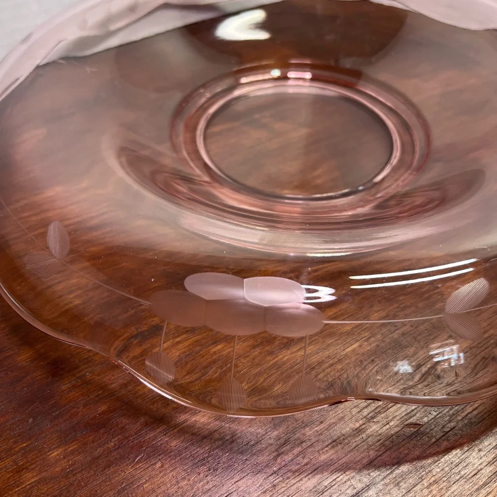 Vintage Cambridge Pink Depression Glass Console Bowl Acid Etched Floral 10.5”